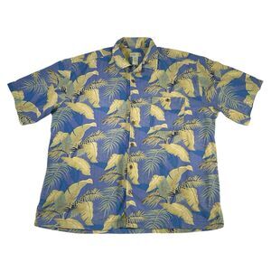 Vintage Trader Bay Hawaiian Shirt Men's Size XXL Button Up Palm Ferns Plant Blue